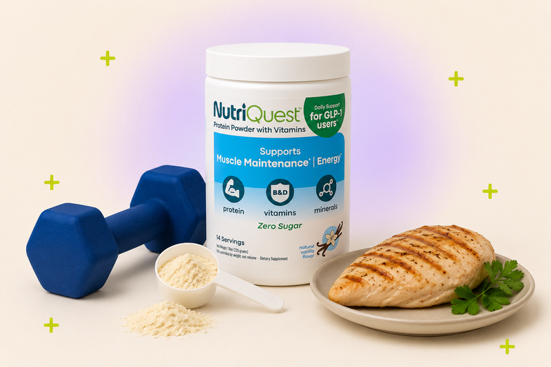 GLP-1 muscle loss prevention: a dumbbell, a protein powder scoop, and protein-rich foods beside a NutriQuest tub
