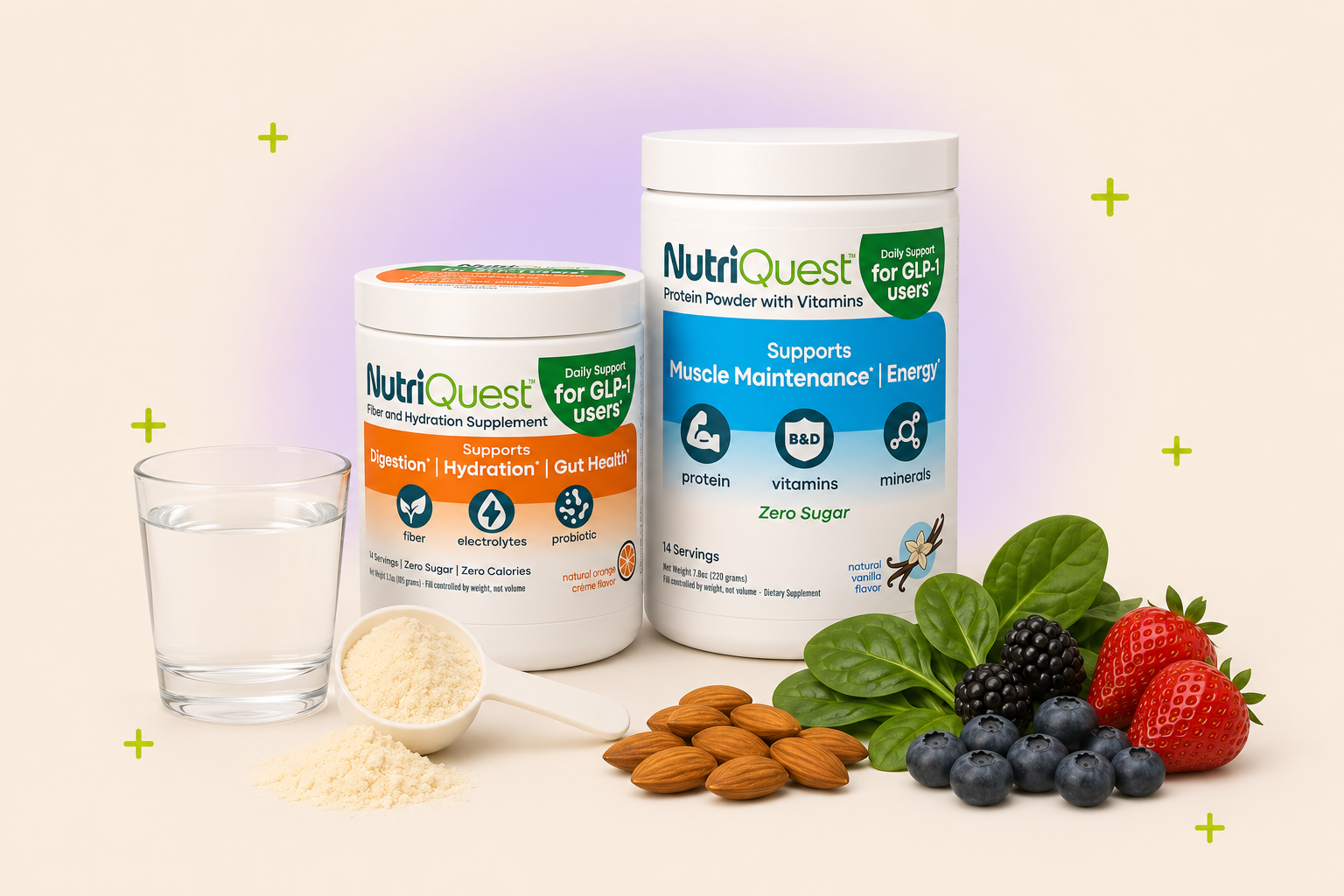 GLP-1 nutrition guide essentials: two NutriQuest supplement tubs, a powder scoop, a glass of water, and whole foods on cream