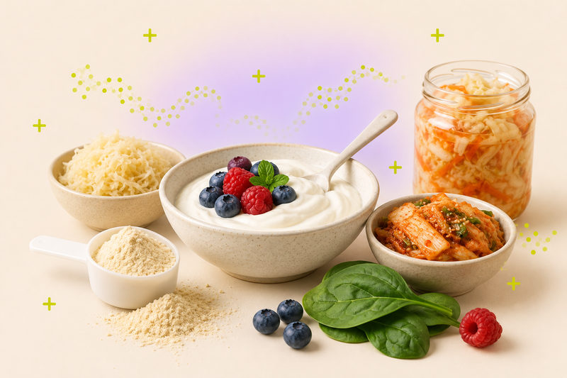 Best GLP-1 probiotic for gut health: a bowl of yogurt, fermented foods, and a NutriQuest probiotic supplement scoop