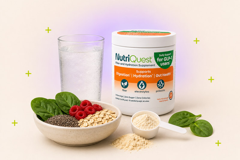 Ozempic constipation remedies: a glass of water, fiber-rich foods, and a NutriQuest fiber and hydration supplement scoop