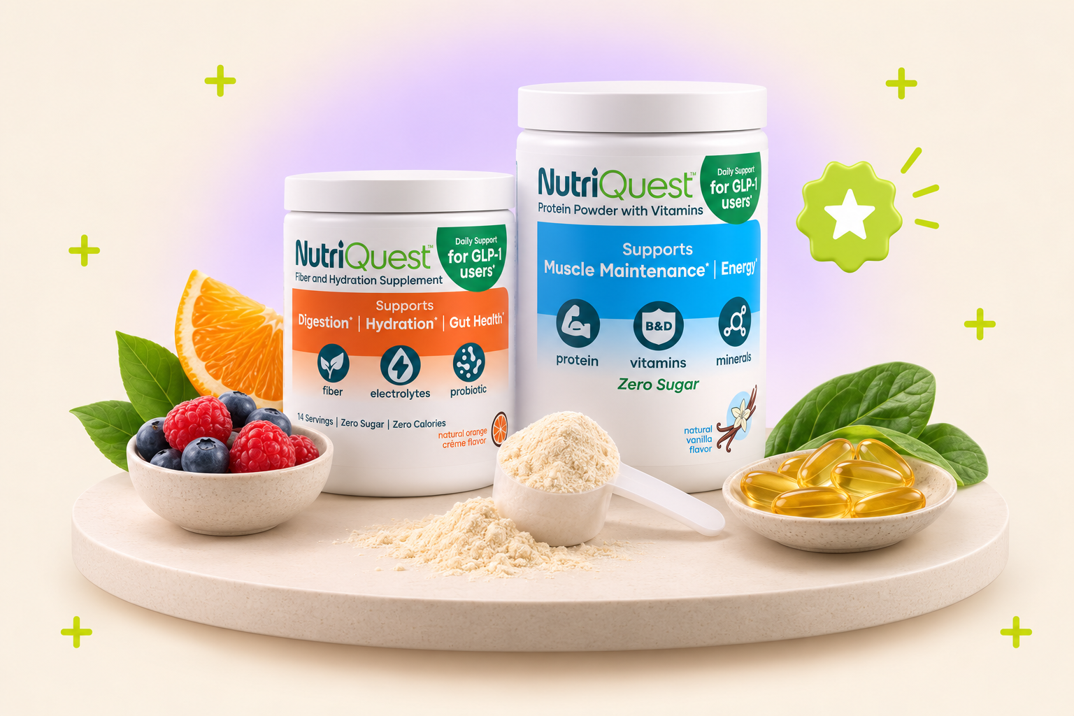 Best supplements for GLP-1 medications in 2026: a lineup of NutriQuest tubs, capsules, and a powder scoop