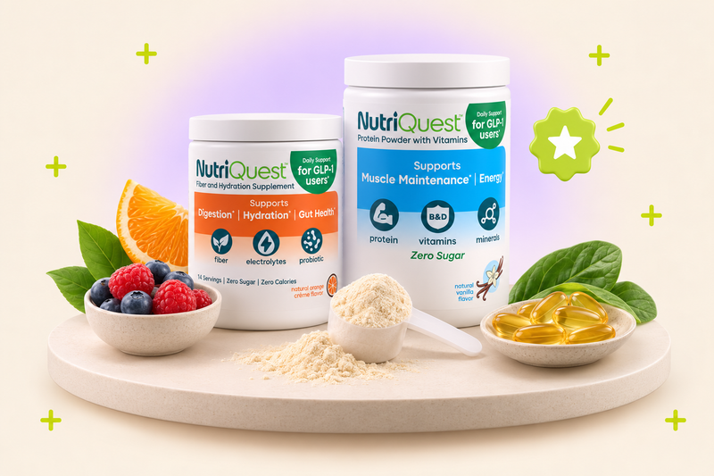 Best supplements for GLP-1 medications in 2026: a lineup of NutriQuest tubs, capsules, and a powder scoop