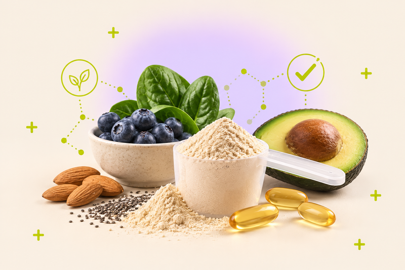 Do I need supplements on Ozempic: softgel capsules, a powder scoop, and whole foods with a checkmark on cream